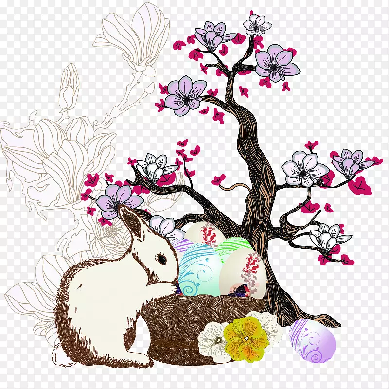 南方木兰绘树图-手绘卡通兔卵