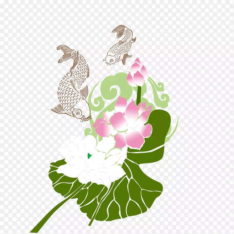 锦鲤绿色海报插图-莲花及鱼