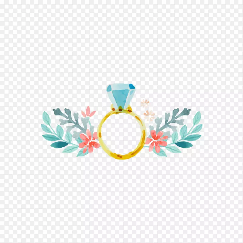 婚礼邀请艺术绘画-绿叶和黄蓝钻石戒指