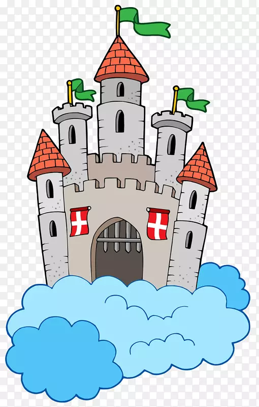 城堡-免费剪贴画-一座高塔，上面挂着绿色的旗帜。