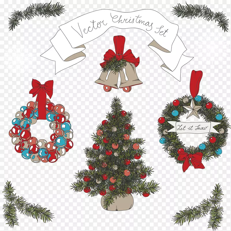 圣诞老人圣诞树插图-圣诞铃铛和圣诞树