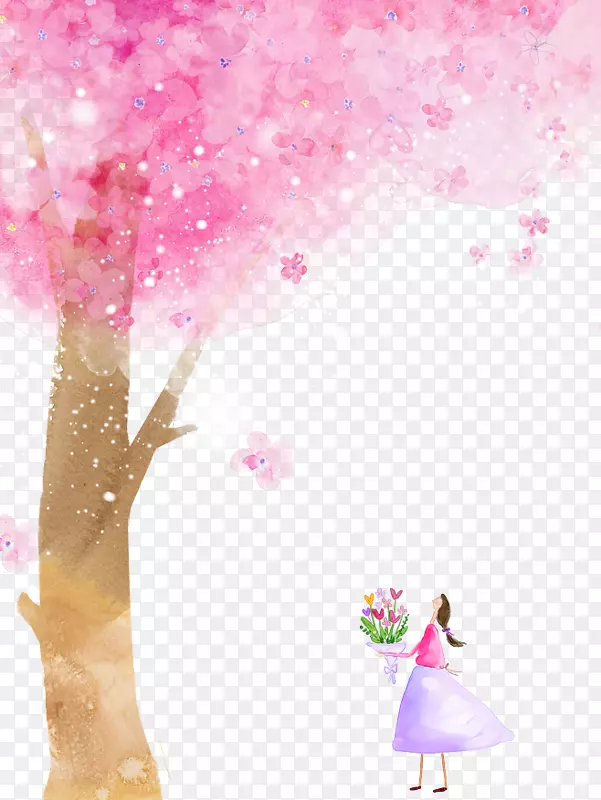 水彩画卡通插图-樱桃树，女孩