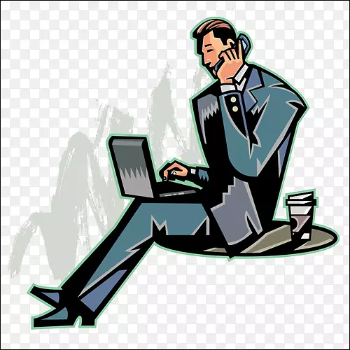 插画-免版税插画-手绘男孩玩在电脑上接电话。