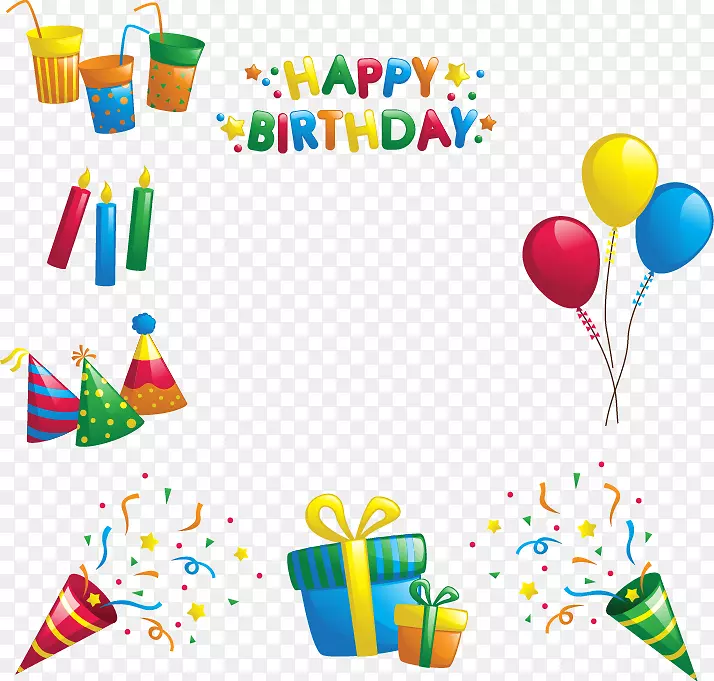 生日剪贴画-五彩缤纷的气球，信件，礼物