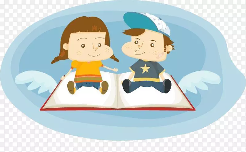 男孩卡通插图-坐在小男孩和女孩的书籍上的苍蝇。