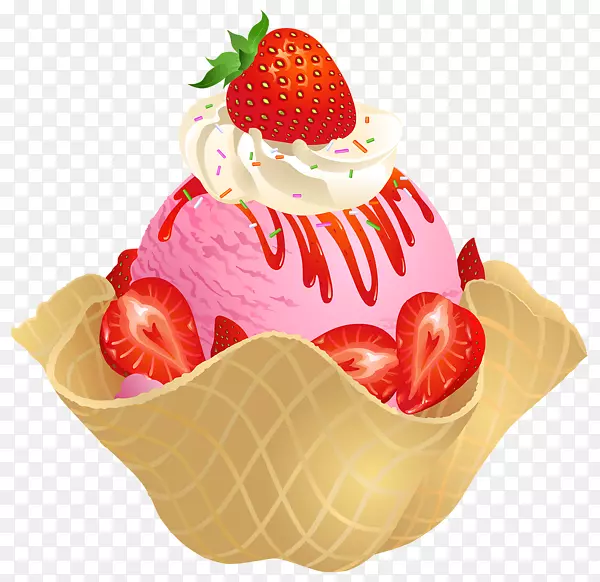 草莓冰淇淋圆锥华夫饼-美味的蛋糕