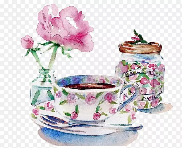 茶咖啡早餐甜点素描手绘茶