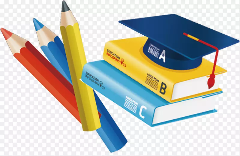 彩色铅笔画-书籍、钢笔和帽子