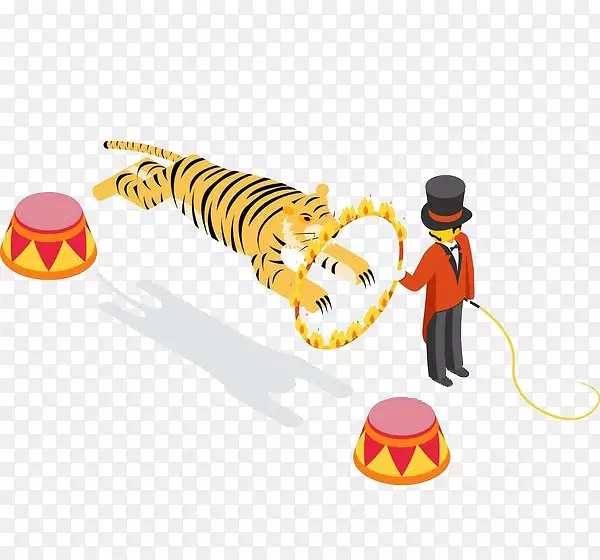 虎马戏团卡通插图-老虎穿过火圈