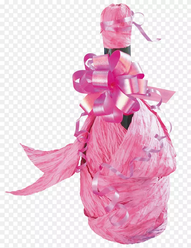 香槟酒瓶-粉红色缎带蝴蝶纸包装酒