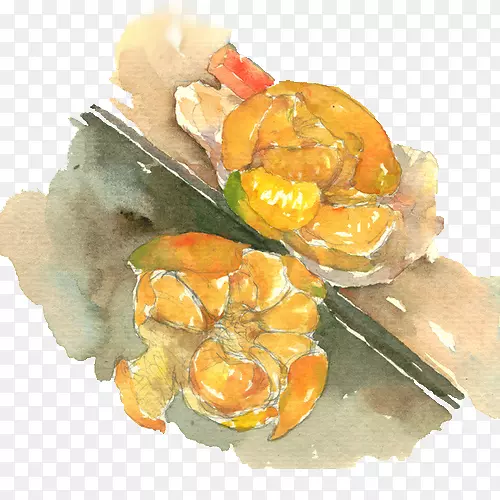 橙汁，橘子-剥去两幅橙色水彩画