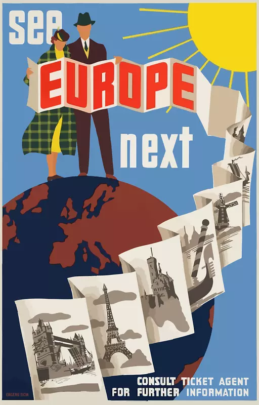 欧洲海报版画平版插图-老式旅行剪贴画