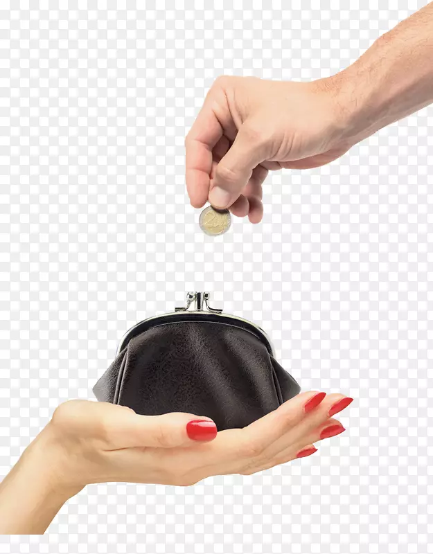 摄影手种植硬币女人-把硬币放在钱包里