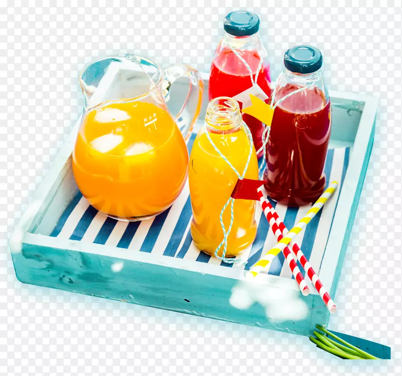 冰淇淋橙汁汽水野餐-蓝色托盘四个水果玻璃瓶