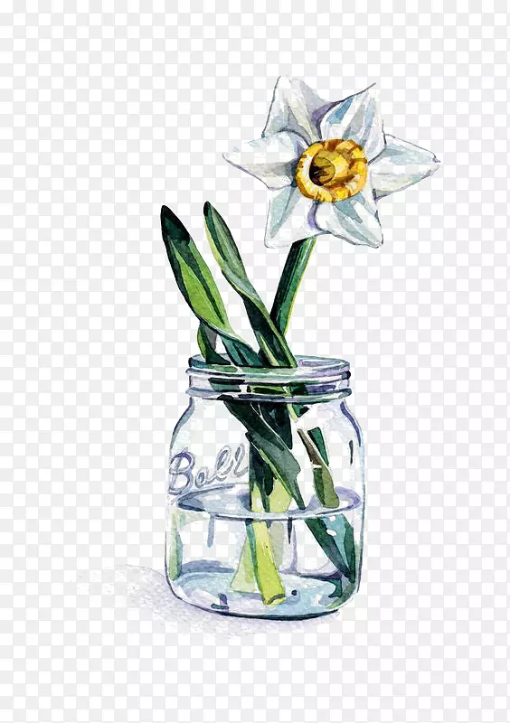 水彩画玻璃插画-玻璃中的花朵