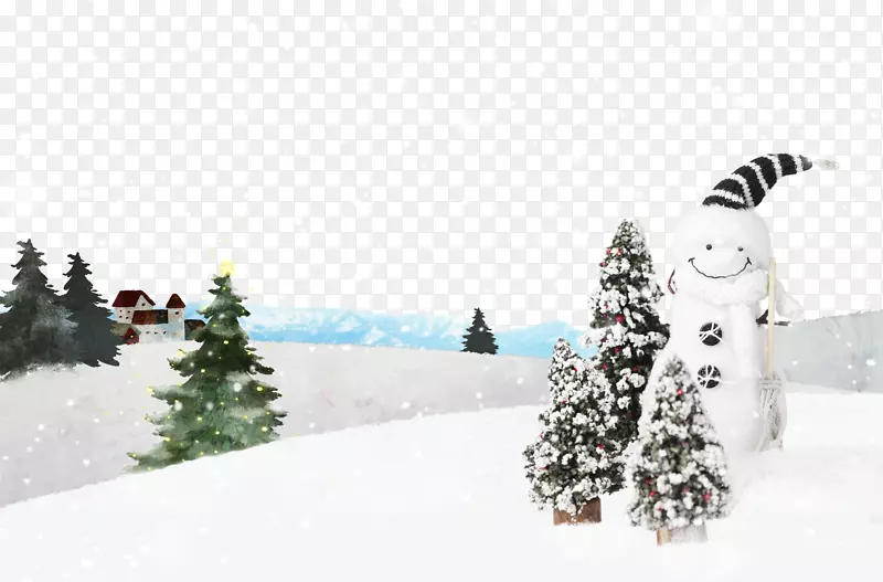 雪人冬季景观-松树和雪人