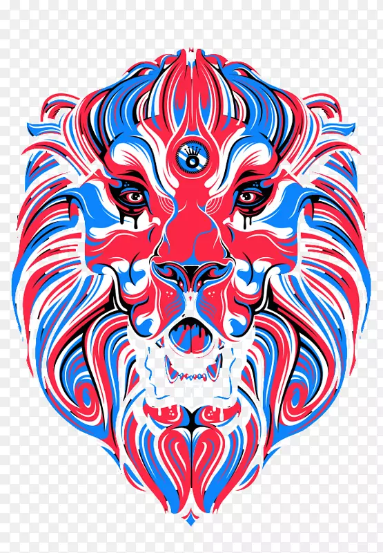 红狮插图-蓝线和红线狮头