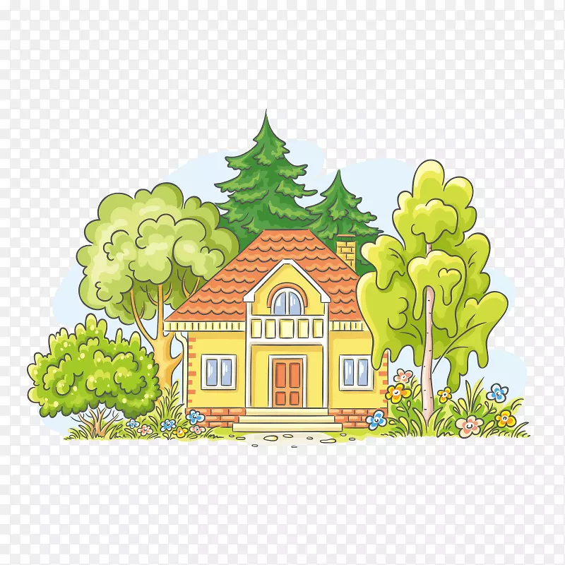 绘制自然绘画卡通景观-别墅PNG免费卡通材料