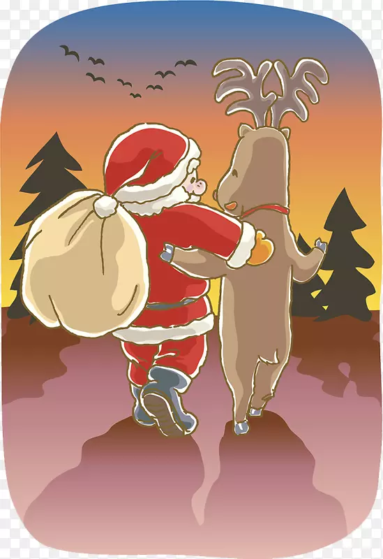 圣诞老人驯鹿画摄影插图-圣诞老人麋鹿卡通插图