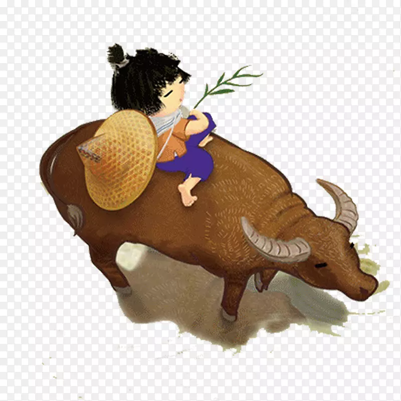 清明节期间沿河的太阳术语招贴画-牛背上的孩子