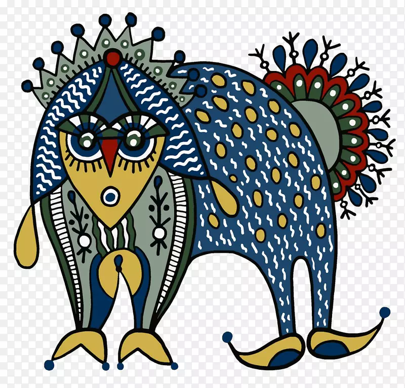 绘画风格插图-蓝色民族风怪动物