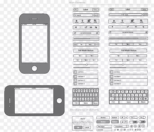 用户界面设计计算机图标.苹果移动电话界面黑白线草稿