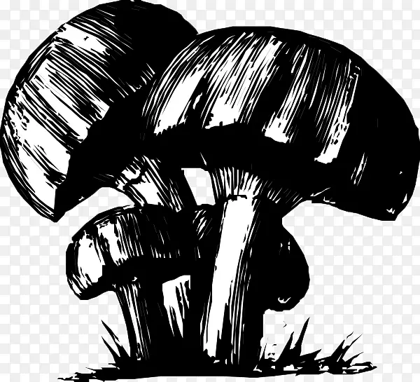 黑白蘑菇画.涂有蘑菇的黑色墨水的卡通手绘