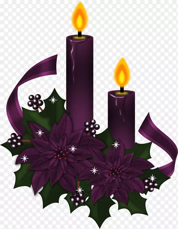 圣诞来临蜡烛一品红剪贴画-紫色蜡烛和火焰