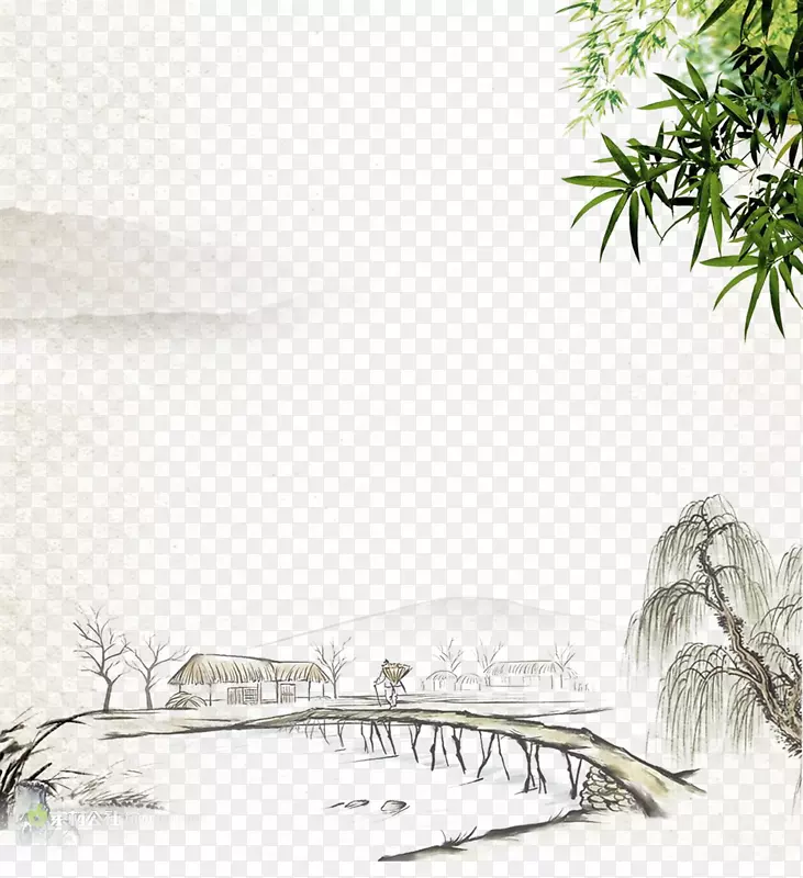 清明节期间沿河居住在富春山的国画竹木柳树