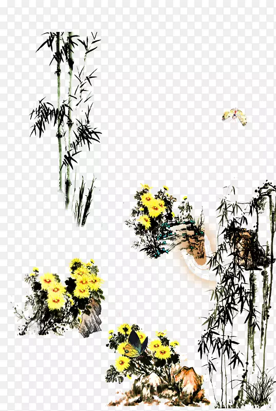 花卉设计水墨画画竹植物花