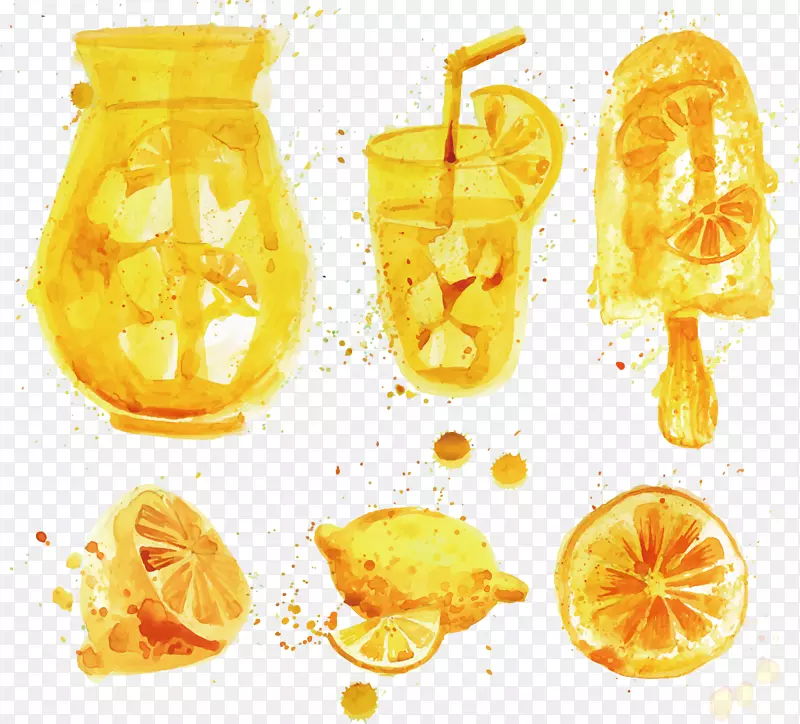 威士忌橙汁鸡尾酒柠檬水彩画柠檬
