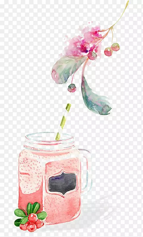 冰沙咖啡拿铁水彩画插图手绘樱桃汁