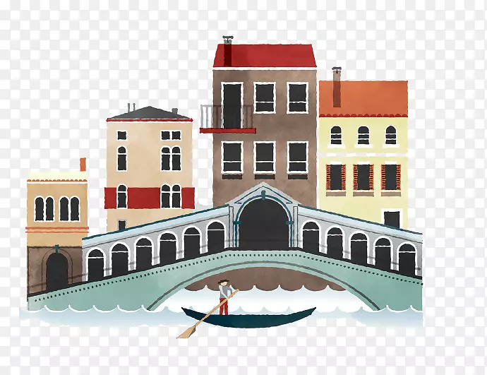 欧洲卡通建筑插图-卡通水城建筑