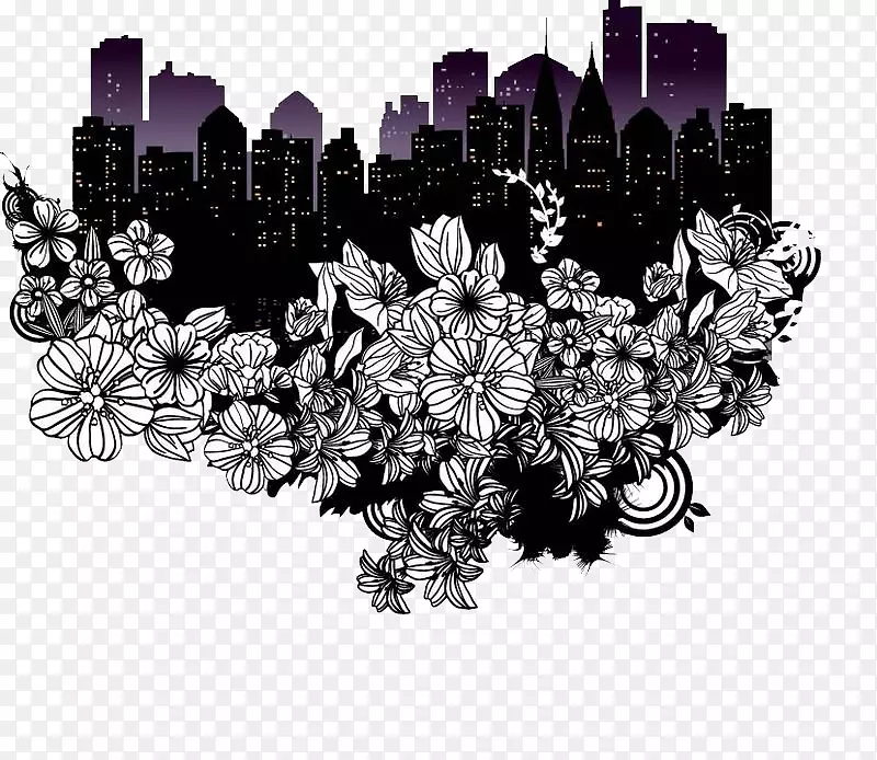 剪影城市黑白摄影-城市花卉