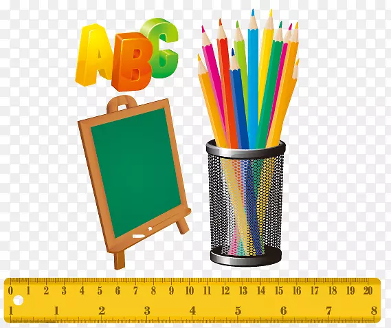 彩色铅笔，蜡笔，剪贴画.手绘卡通黑板尺，学校季节水彩笔字母abc