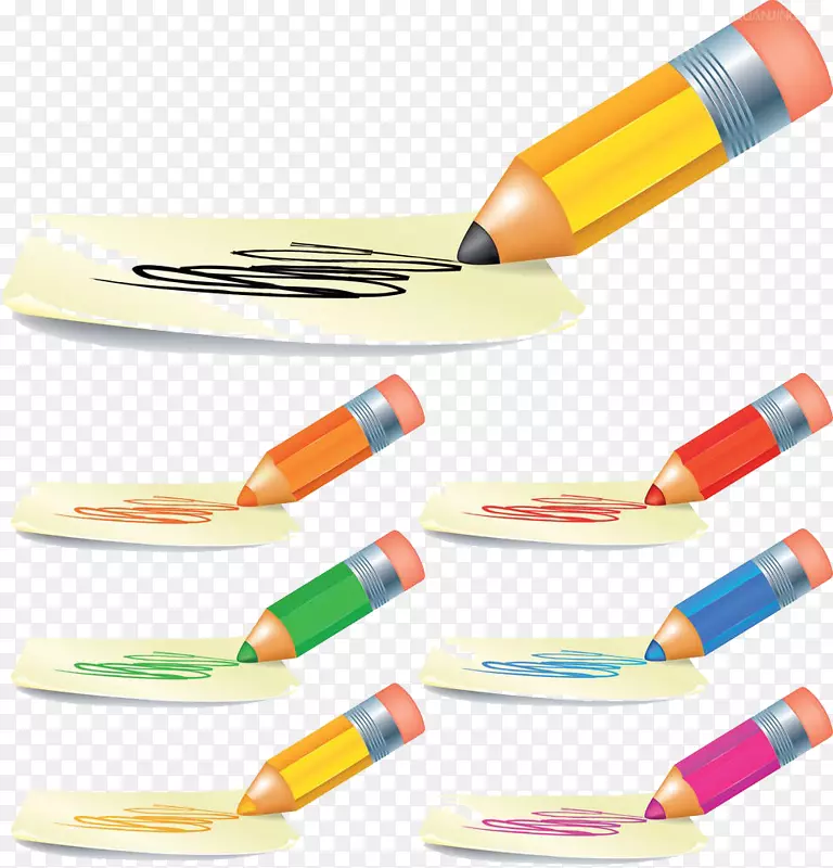 纸画彩色铅笔插图.各种不同颜色的钢笔