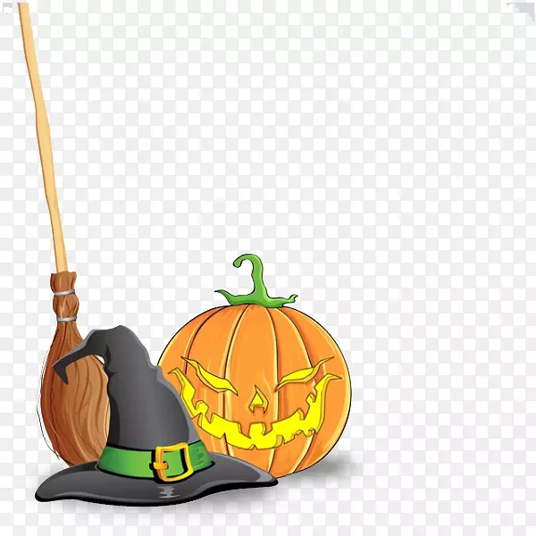 南瓜魔术万圣节杰克-O‘-灯笼插图-卡通，魔术扫帚，魔术帽子和南瓜灯