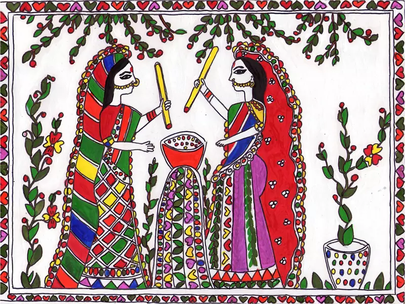 印度Madhubani Mithila Madhubani艺术绘画-Radha Krishna