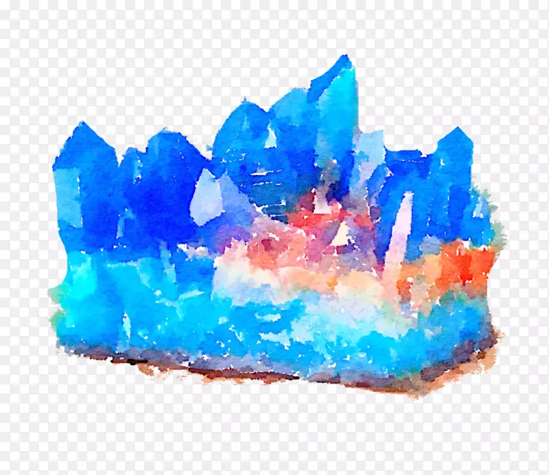 蓝色水晶矿物水彩画岩石水彩