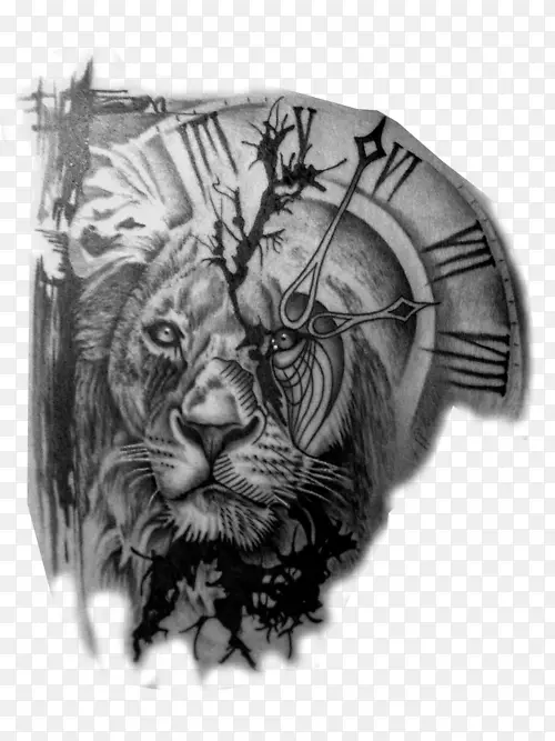 狮子纹身师，时钟，黑色和灰色-纹身