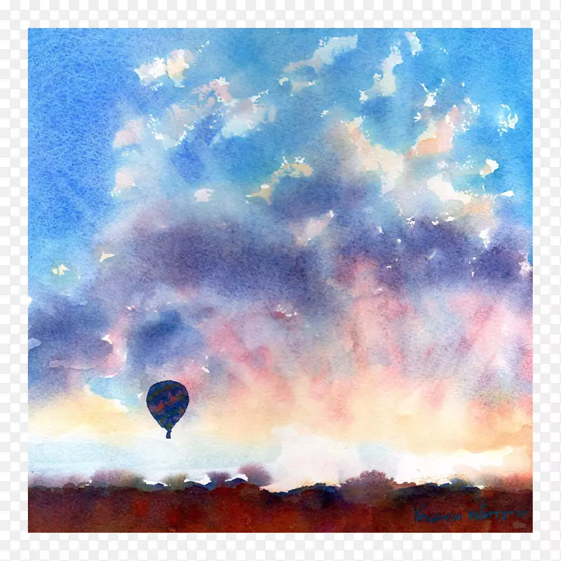 水彩画热气球风景画水彩云
