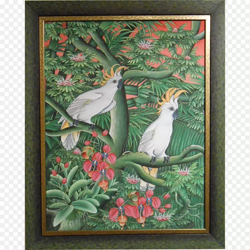 艺术绘画植物群鸟类动物-凤头鹦鹉
