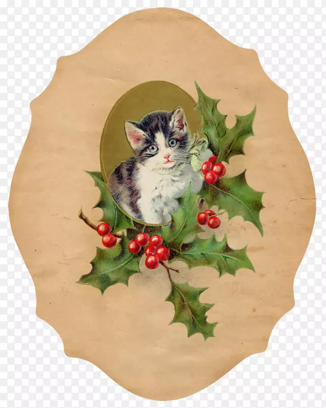 猫圣诞装饰剪贴画-古董标签