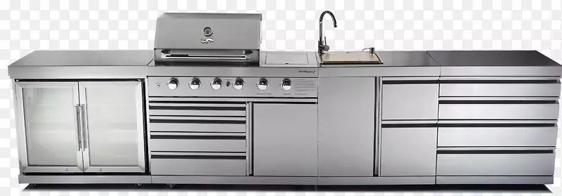 烧烤厨房，家用电器，烹饪范围，冰箱顶景，家具，厨房水槽