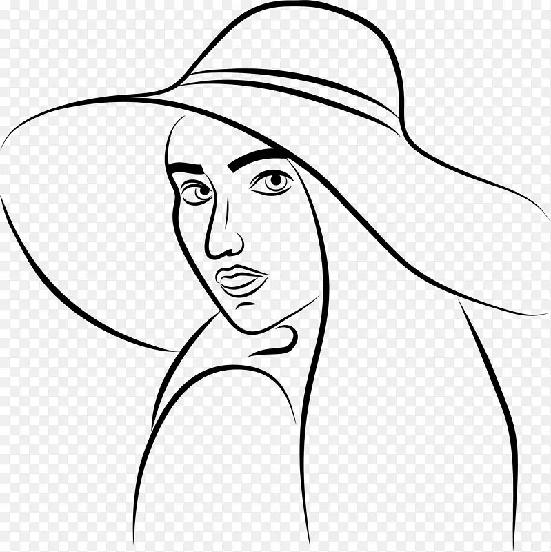 线条艺术女人带帽子水彩画-女人