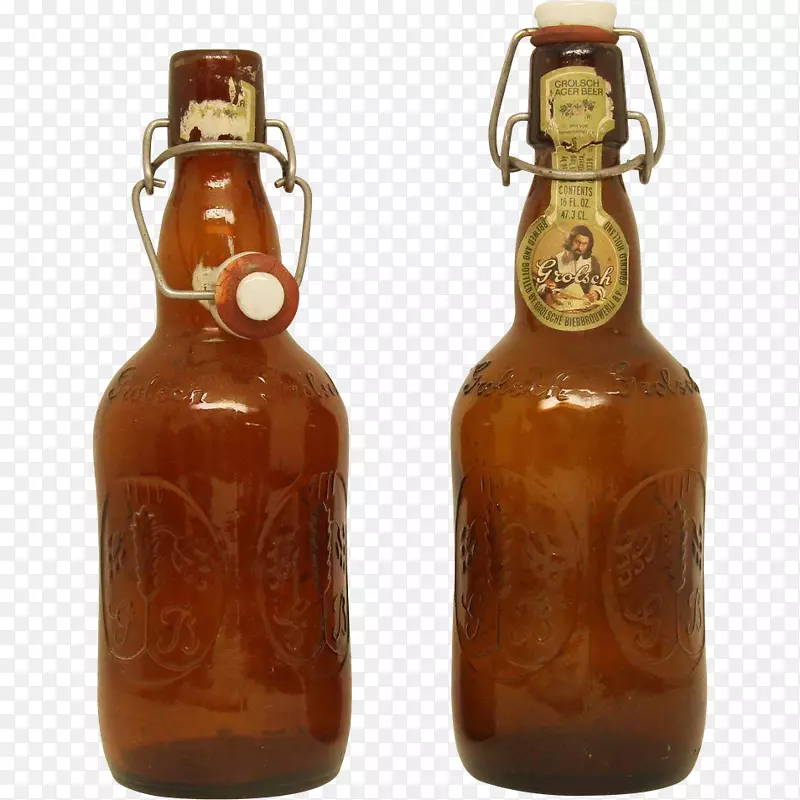 啤酒瓶、玻璃瓶、格罗尔希啤酒厂焦糖色-啤酒瓶的手