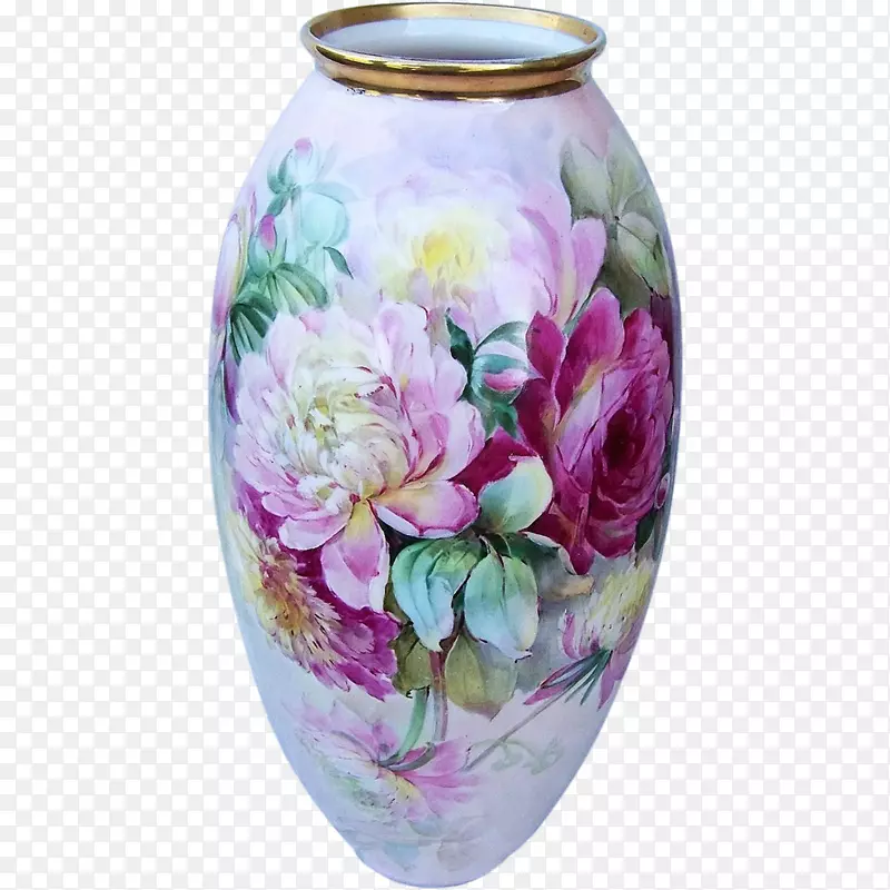 花瓶，花瓣瓷，紫色手绘牡丹