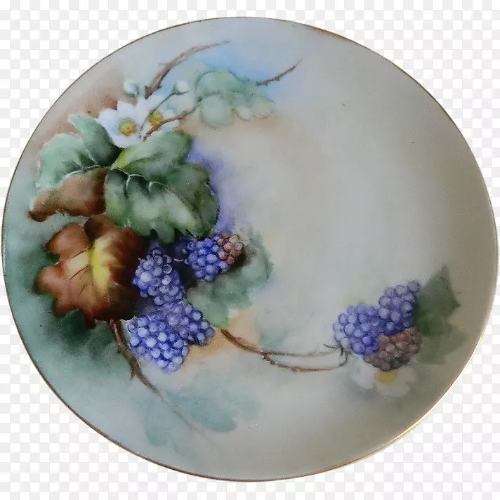 板式陶瓷蓝白陶盘钴蓝绿手绘绿叶花边