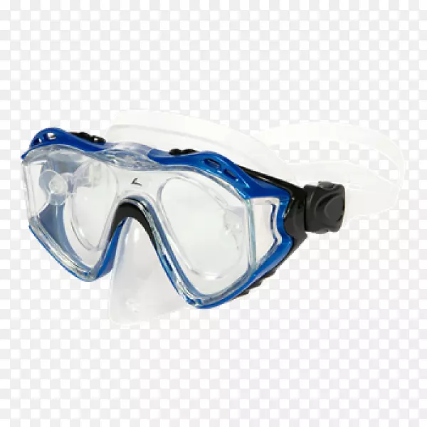 潜水和浮潜面具，护目镜，水下潜水.带彩色线条的蓝色透镜