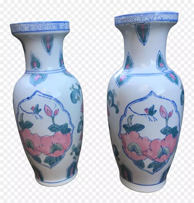 蓝白色陶器花瓶陶瓷钴青瓷手绘莲花